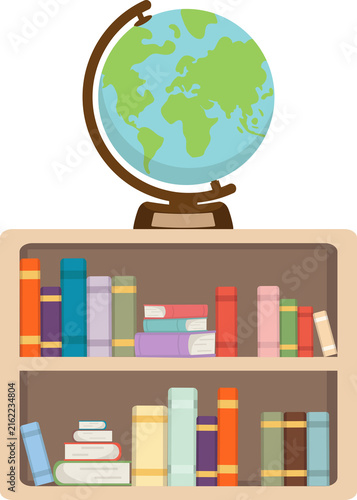 World globe resting on wooden bookshelf with books