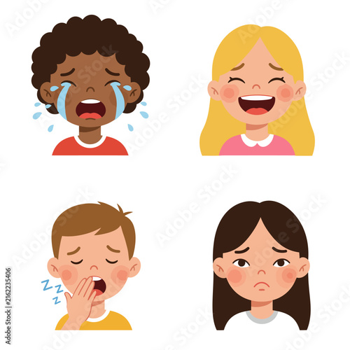 Four Cartoon Faces Showing Different Emotions Crying Laughing Sleepy and Sad.