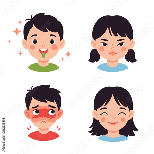 Four Cartoon Faces Showing Different Emotions Happy Angry Sick and Sad.