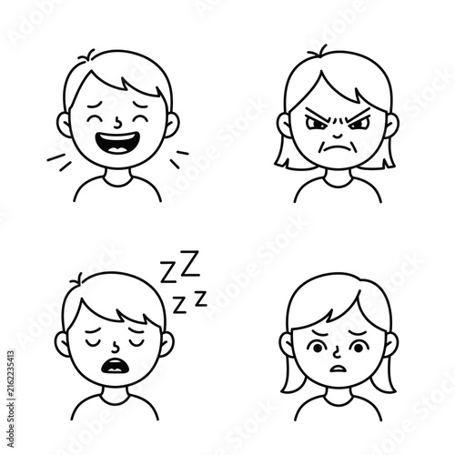 Four cartoon faces showing different emotions happy angry sleeping and worried.