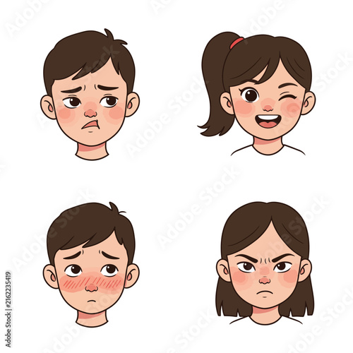 Four Cartoon Faces Sad Boy Winking Girl Embarrassed Boy Angry Girl.