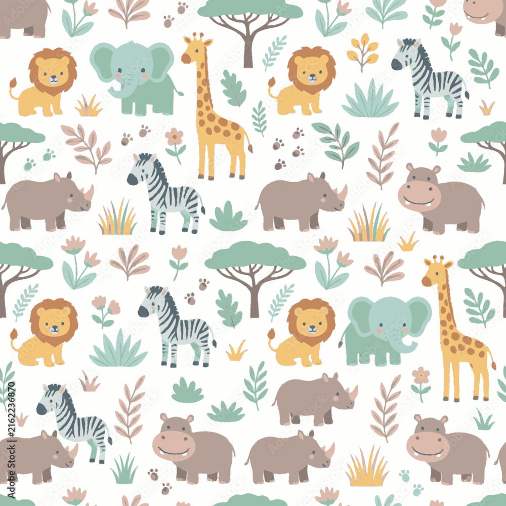 Fototapeta premium Seamless Pattern With Cute Safari Animals And Tropical Plants For Kids. EPS Editable. Vector Illustrations.