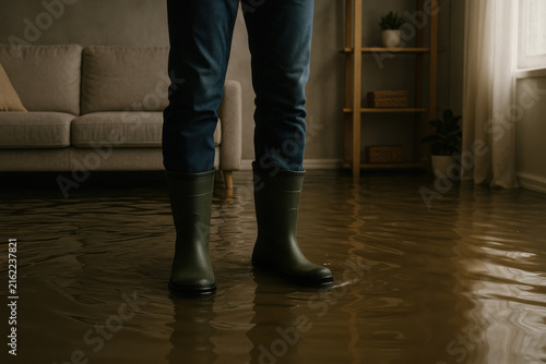 Person standing in flooded living room wearing waterproof boots, showing dramatic climate disaster and home damage with water covering floor, creating tense atmosphere