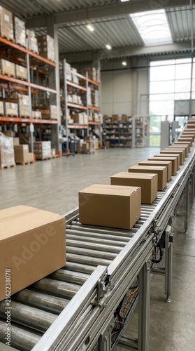 A cinematic view of an automated warehouse conveyor belt carrying cardboard parcels through a vast industrial distribution center for efficient global logistics