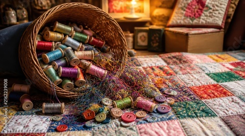 Tangled threads and buttons spilling from a sewing workspace (prompt8991-tangled-threads-and-buttons-spilling-from-a-sewing-20260509-gigapixel-high-fidelity v2-6x)