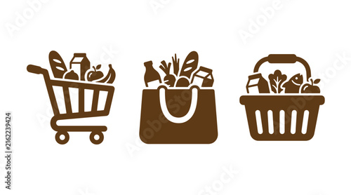 Set of shopping icons featuring a cart reusable tote bag basket filled with groceries shopping groceries supermarket purchase consumer consumables lifestyle commerce