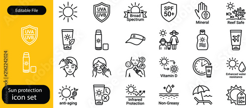 Sun protection line icon set. Sunscreen spray, UV light, summer travel, sunblock cream, chemical filter linear minimal vector illustration. Simple outline signs. 48x48 Pixel Perfect. Editable Stroke
