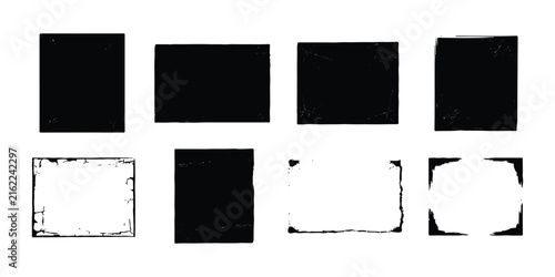 Set of black square and rectangle frames with grunge distressed textures and rough edges