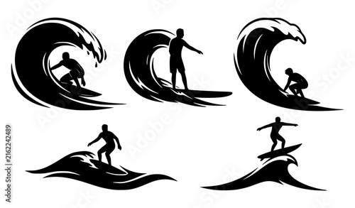 Dynamic black surfing silhouettes with surfers and breaking waves isolated vector illustration