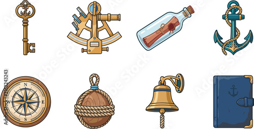 Vintage Nautical Navigation Flat Vector Icon Set Featuring Compass Sextant Anchor and Maritime Accessories