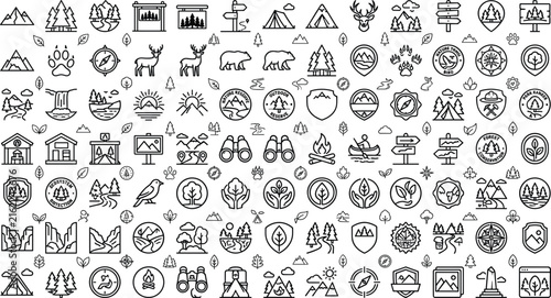 Canvas Print National park and forest adventure outdoor line icons set with mountain camping