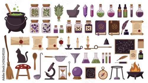 Witch and Wizard Magic Collection. Wicca Paganism Fantasy Set. Cast Spell Potion Cauldron. Divination Tools Cards Black Cat Broomstick. Hand Drawn Character Icons Symbols Illustration Set