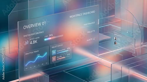 Futuristic Holographic Data Dashboard Showing Analytics, Charts and Digital Technology Interface background wallpaper