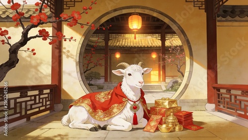 Chinese New Year Goat Blessing: A serene white goat, adorned in a festive red and gold cloak, rests beside a pile of traditional red envelopes and golden ingots.