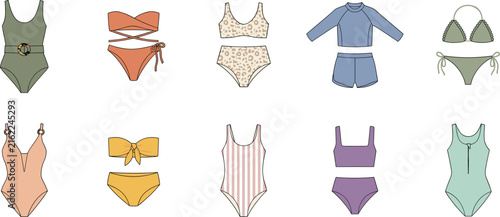Картината върху платно Women Swimwear and Bikini Icon Set with Various Fashionable Bathing Suits for Su
