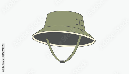Classic casual olive green bucket hat with adjustable chin strap isolated on a neutral light grey background.
