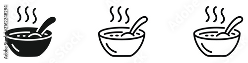 Bowl Icons with Steam and Spoons, Black Solid, Line, and Outline Styles for Food, Cooking, Soup, and Kitchen Concepts, Vector, Designs