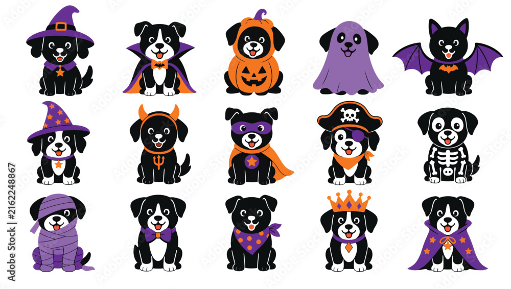 Obraz premium Set of cute halloween puppies in costumes, vector illustration