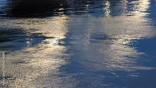 Photography background of surface of Danube River with reflected sunlight and nightlights