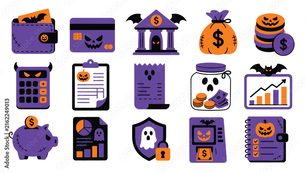 Naklejka premium Set of halloween themed finance and business icons with money, bank, and accounting elements