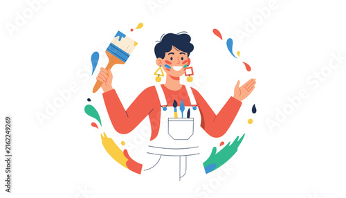 Joyful female artist wearing white overalls holds a paint brush surrounded by colorful paint splashes on white background.