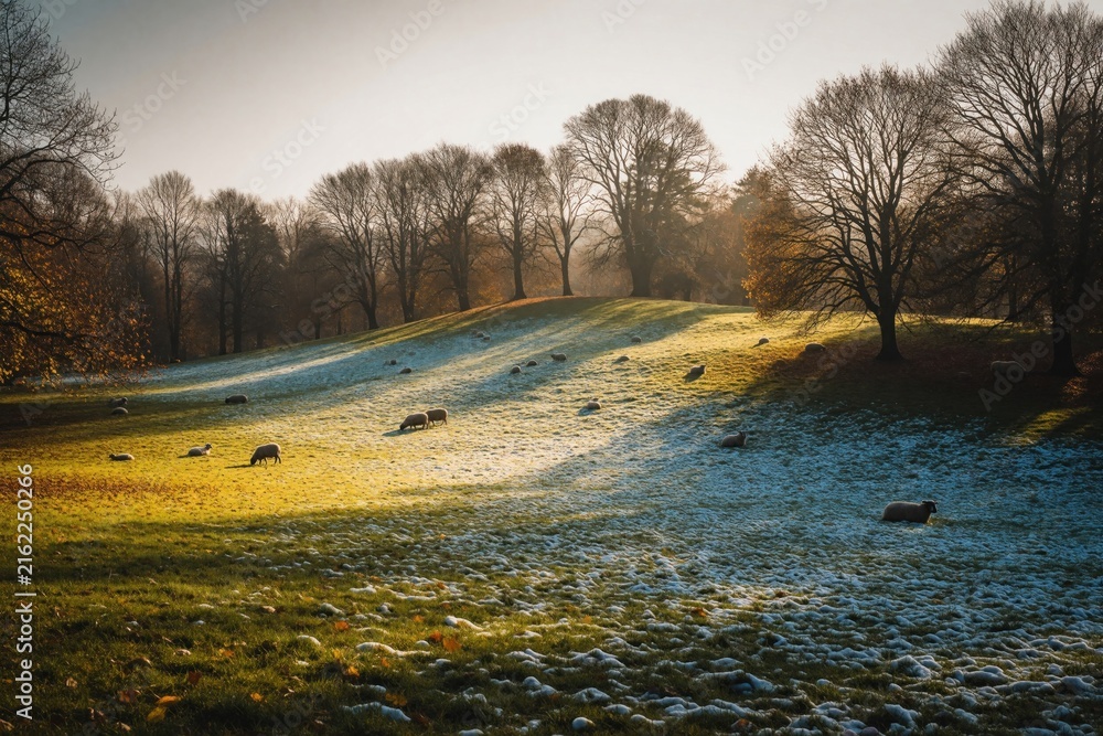 Naklejka premium Sheep graze in autumn park under sunny sky. Landscape features frost-covered grasses, bare trees. Individuals walk on path, enjoying cool weather. Scene peaceful, rural, with mix of green plants,