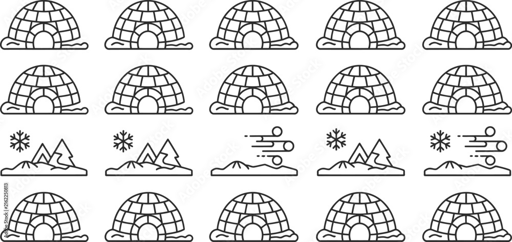 Obraz premium Linear igloos with snowflakes and mountains. Winter weather and arctic landscape illustration. Outlines in black and white.