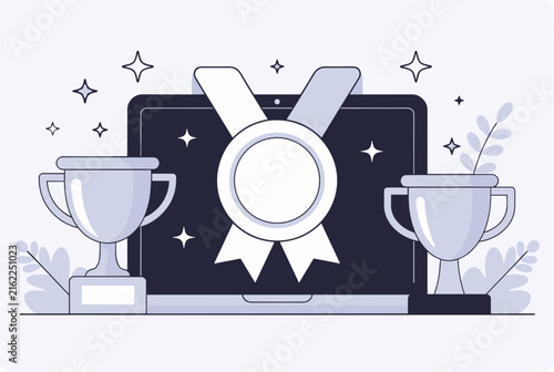 Computer laptop screen featuring gold champion trophies and a winner medal ribbon under sparkling star elements.