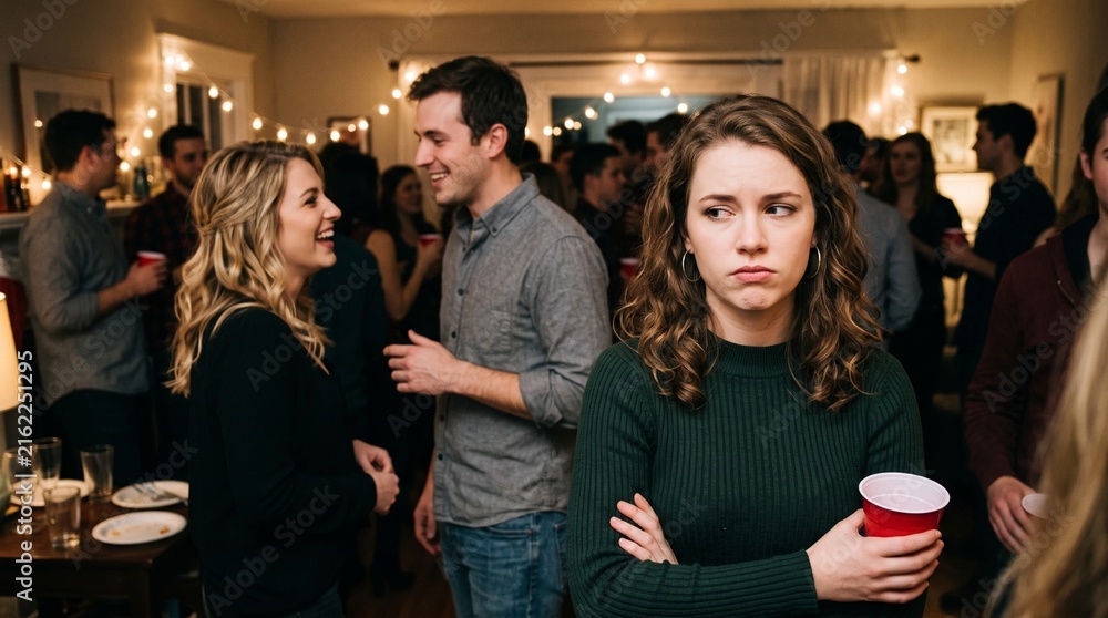 Obraz premium Young Woman Displaying Jealous Reaction During Social Event While Observing Partner Receiving Attention From Attractive Stranger