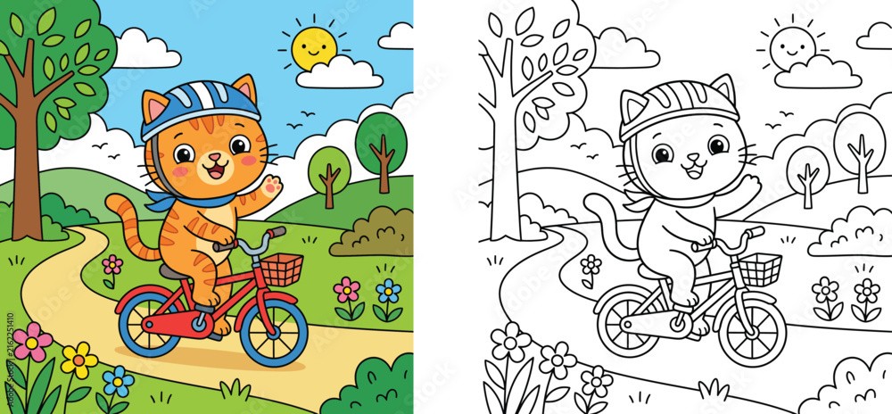 Fototapeta premium Cute Cat Riding Bicycle Vector Illustration and Coloring Page Set for Kids Outdoor Activity in Park with Sun and Flowers