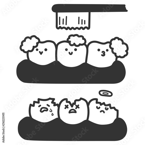 歯茎にいるきれいな歯とボロボロの歯のイラスト