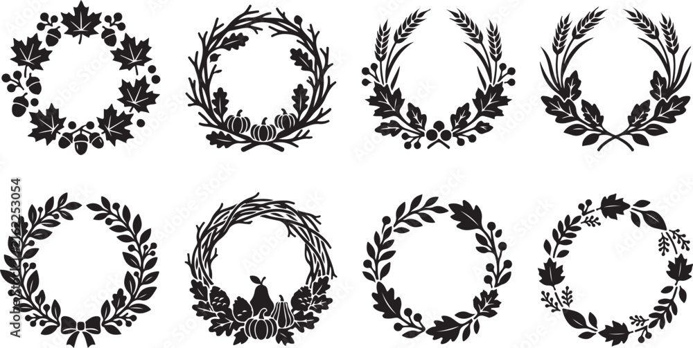 Fototapeta premium Autumn wreath icons set. Black floral frames for fall seasonal design and harvest decor.