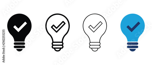 light bulb icons with check marks in different colors isolated on transparent background