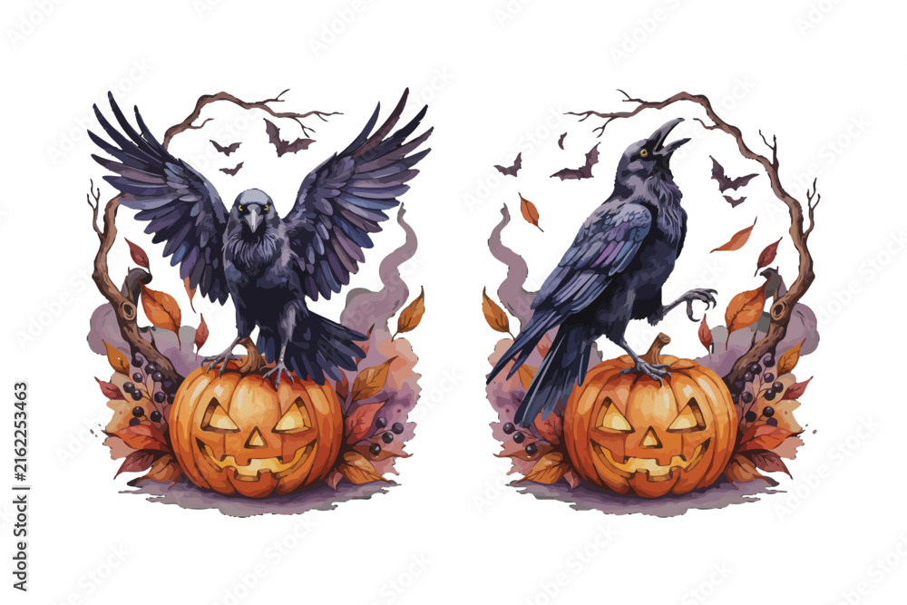 Naklejka premium Watercolor Raven and Jack O Lantern Clipart, Dark Halloween Fantasy Illustration, Isolated on White