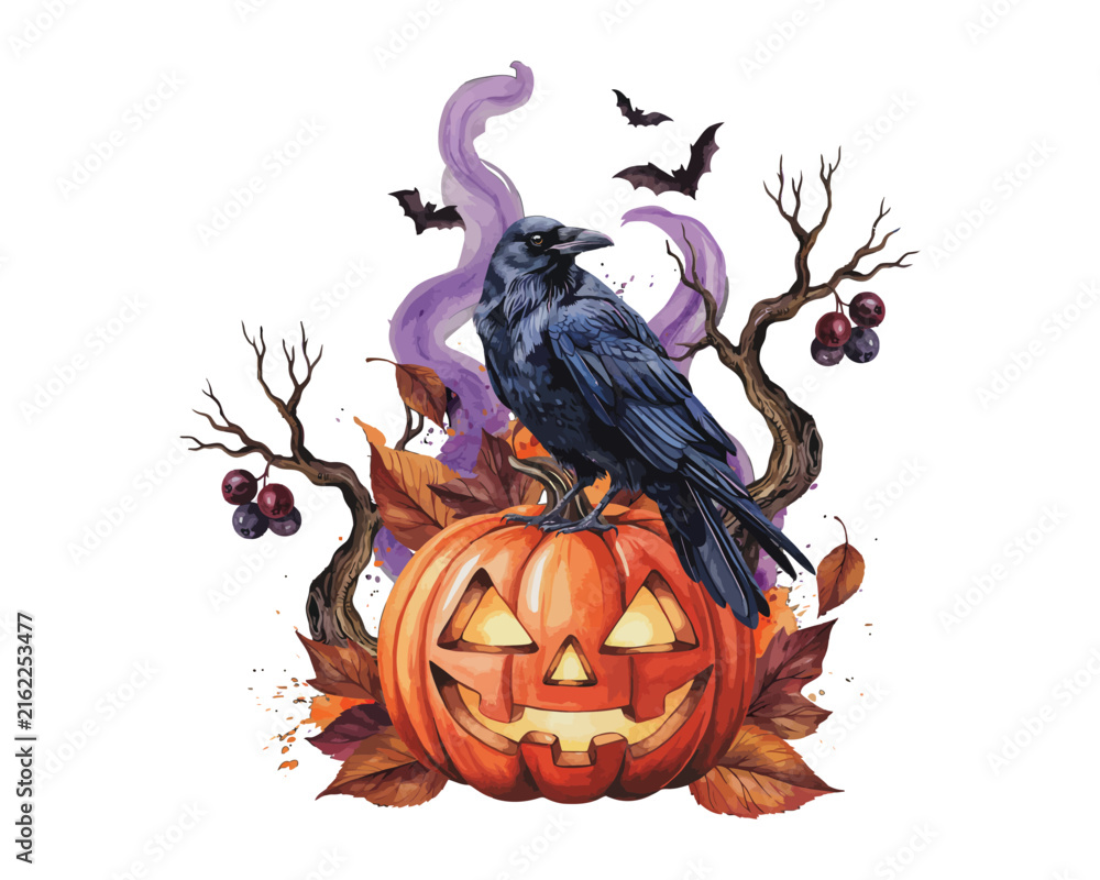 Naklejka premium Watercolor Wicked Raven and Pumpkin Illustration, Spooky Halloween Bird Clipart, Isolated on White Background