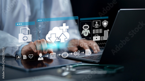 Foto Doctor analyzing medical cloud data and health records on digital screen with tablet and laptop