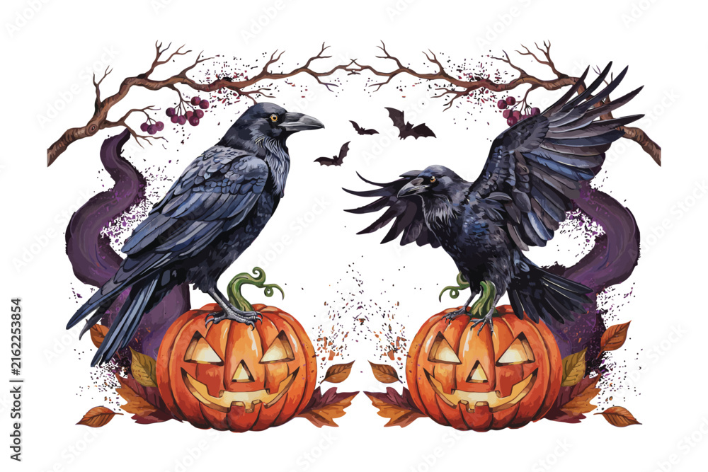 Naklejka premium Hand-Painted Halloween Raven with Pumpkin, Gothic Autumn Clipart, Isolated Vector Illustration