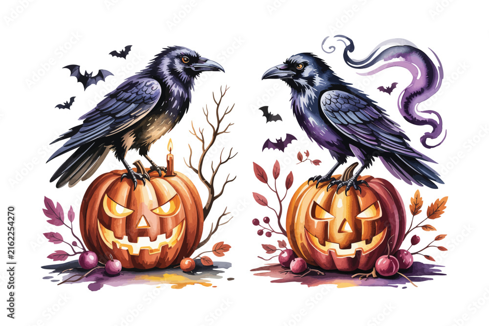 Naklejka premium Watercolor Wicked Raven and Pumpkin Illustration, Spooky Halloween Bird Clipart, Isolated on White Background