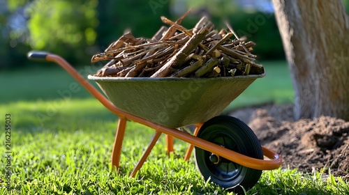 Wheelbarrow Full of Twigs on Grass