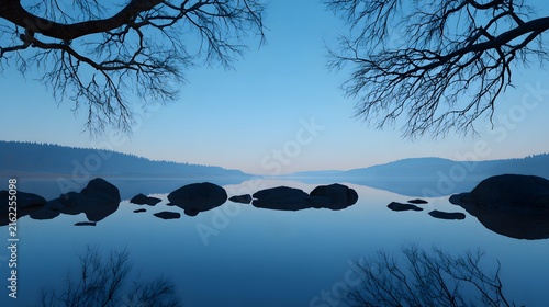 Serene Lake at Dusk with Tree Silhouettes