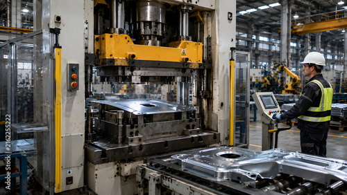 Factory worker operating industrial stamping press machine, metal manufacturing and automated production line