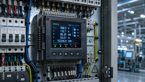 Industrial electrical control panel with digital power meter, circuit breakers and factory automation equipment