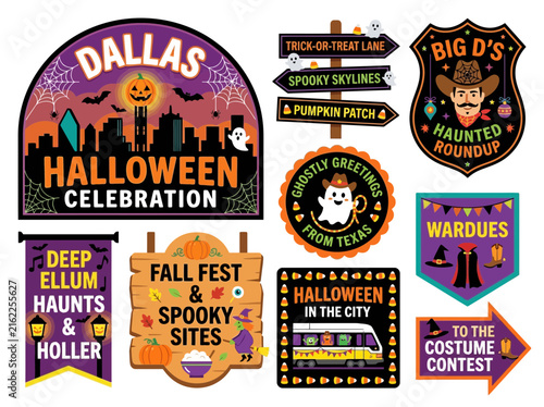 Dallas Texas Halloween Celebration Signboard Pack, Spooky City Skyline Badges and Festive Holiday Sticker Set