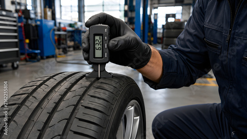 Mechanic measuring tire tread depth with a digital gauge in a workshop  
