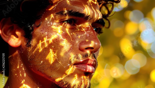 Close up portrait of young man with curly hair and golden sunlight caustics light patterns on his face
