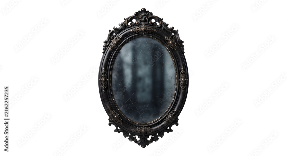 Fototapeta premium Ornate antique black mirror with spiderwebs and misty reflection