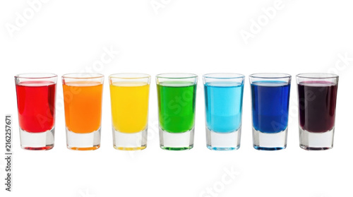 Seven colorful cocktail shot glasses arranged in a row isolated on transparent background