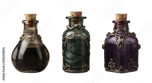 Konstfotografi Set of three antique magic potion bottles with cork stoppers