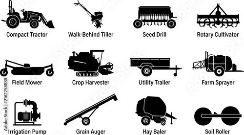 Foto Agricultural heavy machinery and farming equipment icon set with tractor harvest