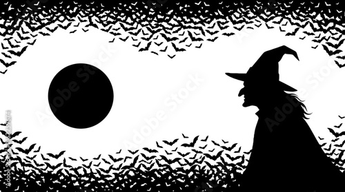 Fotografie Spooky Halloween witch silhouette, dark moon and flying bats background, mystica